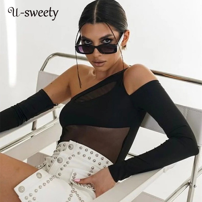 Bodysuit Tay Dài Trễ Vai Phối Lưới Thiết Kế Quyến Rũ Cho Phái Nữ