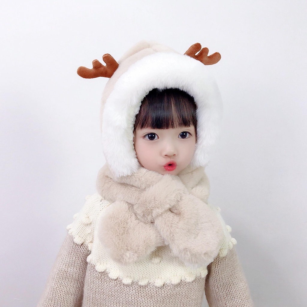 12  Mũ trẻ em mùa đông lót lông sừng hươu cute kèm khăn siêu ấm cho bé