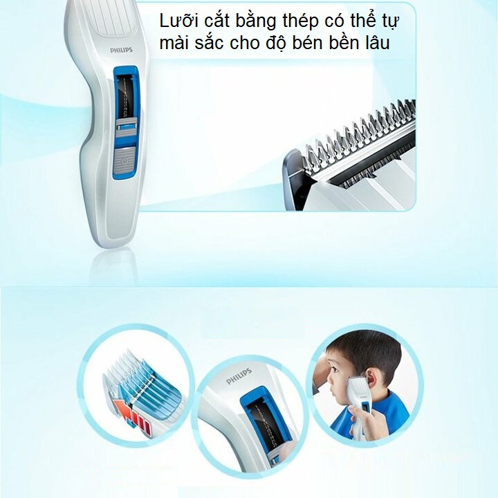 Tông đơ cắt tóc thương hiệu Philips HC3426/15 gồm lược chải tóc cho trẻ em với 12 độ dài điều chỉnh được từ 1-23mm