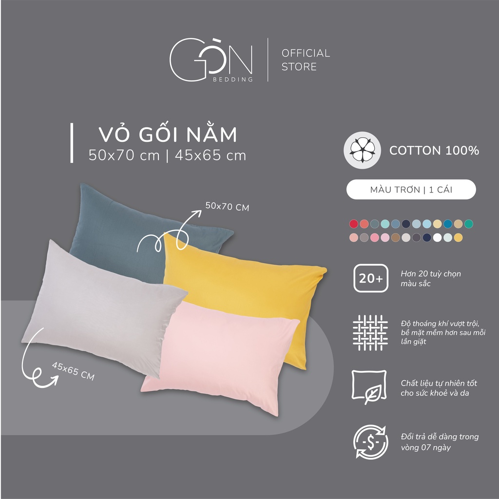 [Nhiều màu] 01 Vỏ Gối Nằm Gòn Bedding Cotton 100% Hàn Quốc Màu Trơn 50x70 cm