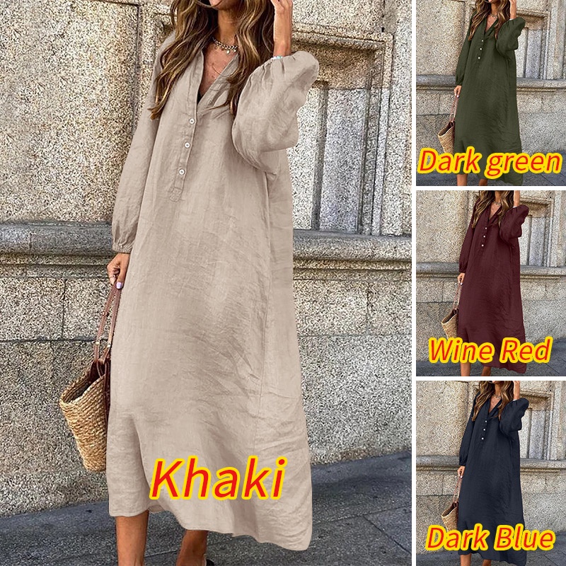 Zanzea Đầm Cotton Nữ Cổ Chữ V Cài Nút Thời Trang Châu Âu