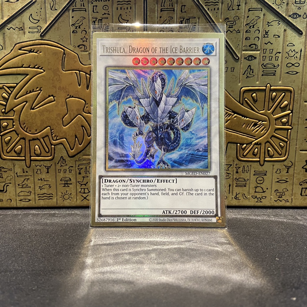 Trishula, Dragon of the Ice Barrier - MGED-EN027 - Premium Gold Rare 1st Edition