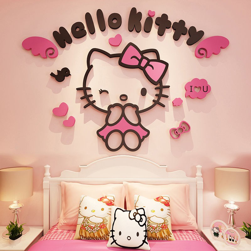 ♀◐Giấy dán tường hình mèo Hello Kitty 3d dễ thương trang trí phòng bé gái