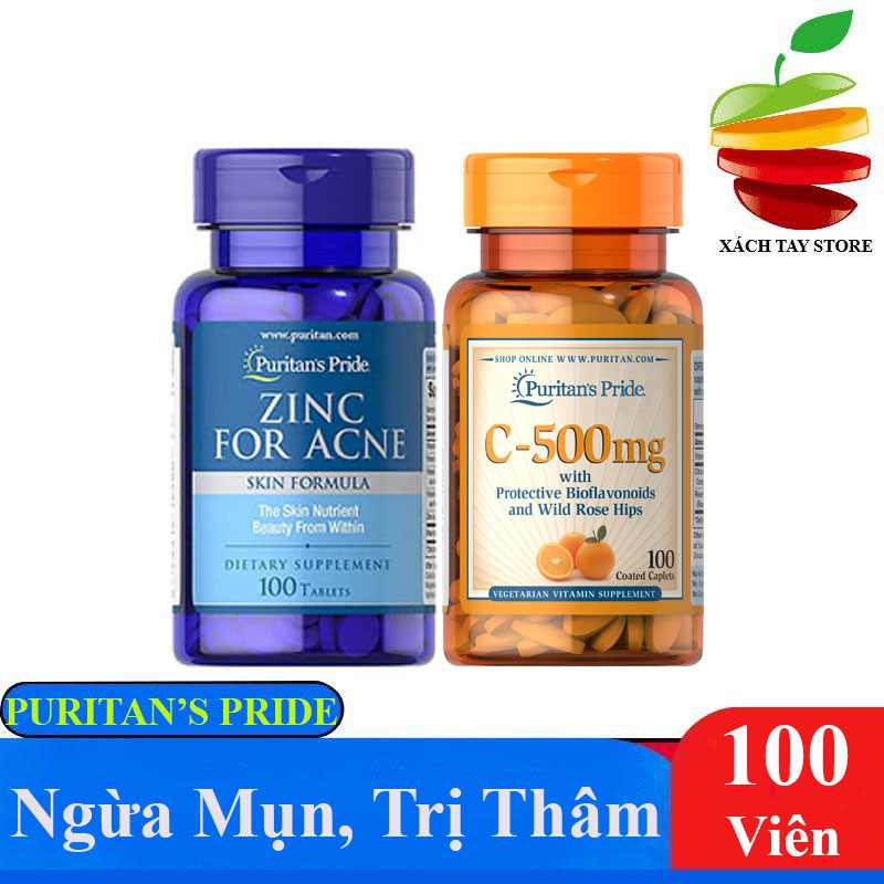 Combo Hoàn Hảo Ngừa - Giảm Mụn, Làm Mờ Vết Thâm Zinc for Acne &amp; Vitamin C-500mg