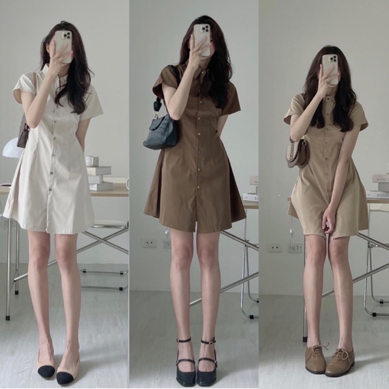 (Có big size) Váy Sơ mi Kaki Thô Mềm Chiết Eo Lưng Chun Phong Cách Ulzzang Hàn Quốc -Thu Thảo Store.