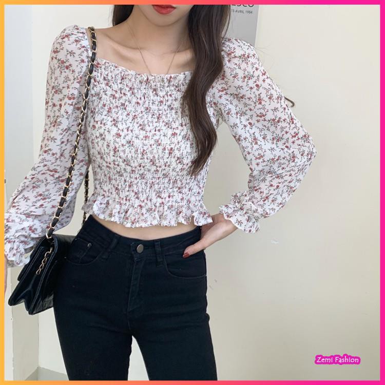 Áo Sơ Mi Nữ, Áo Croptop Bánh Bèo Chất Voan Chiffon Hoạ Tiết Hoa Nhí Ulzzang