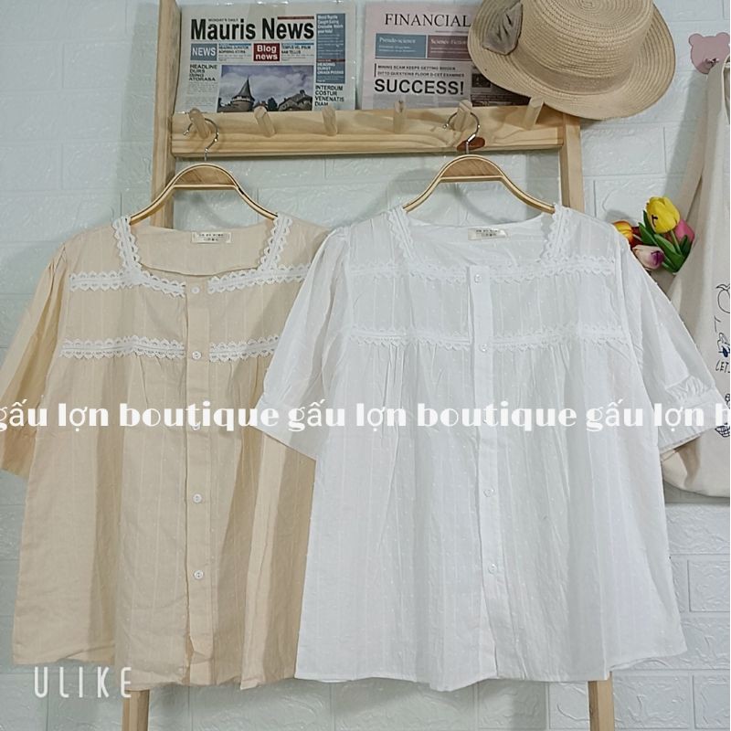 áo sơ mi cộc tay cổ vuông phối ren tiểu thư ảnh thật