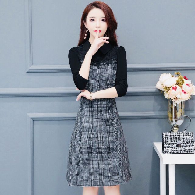 Đầm Tay Dài Caro Phối Ren
