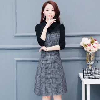 Đầm tay dài caro phối ren