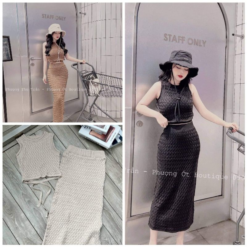 Sét áo len buộc eo + chân váy dài hàng QCL1