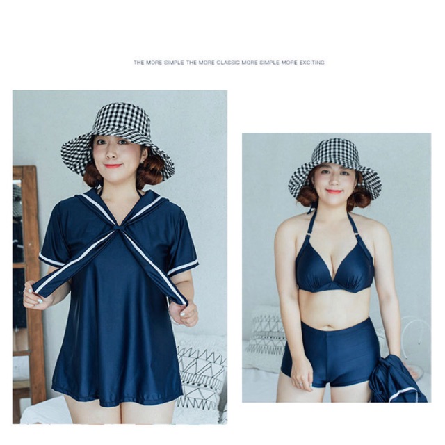 Set bikini đồ bơi 3 mảnh xanh đen big size thun không thấm nước size lớn 68-85kg