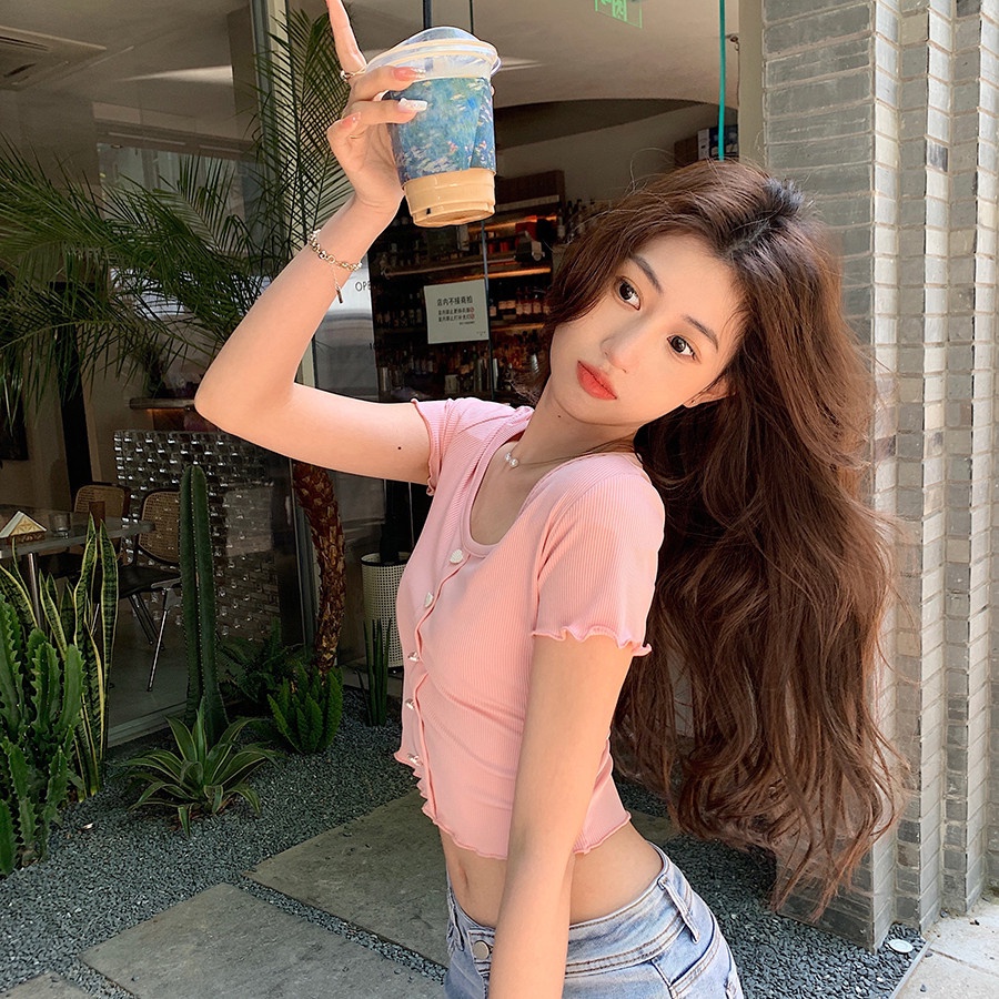 Áo thun ZHELIHANGFEI dệt kim ngắn tay phối hàng nút đơn thời trang dành cho nữ