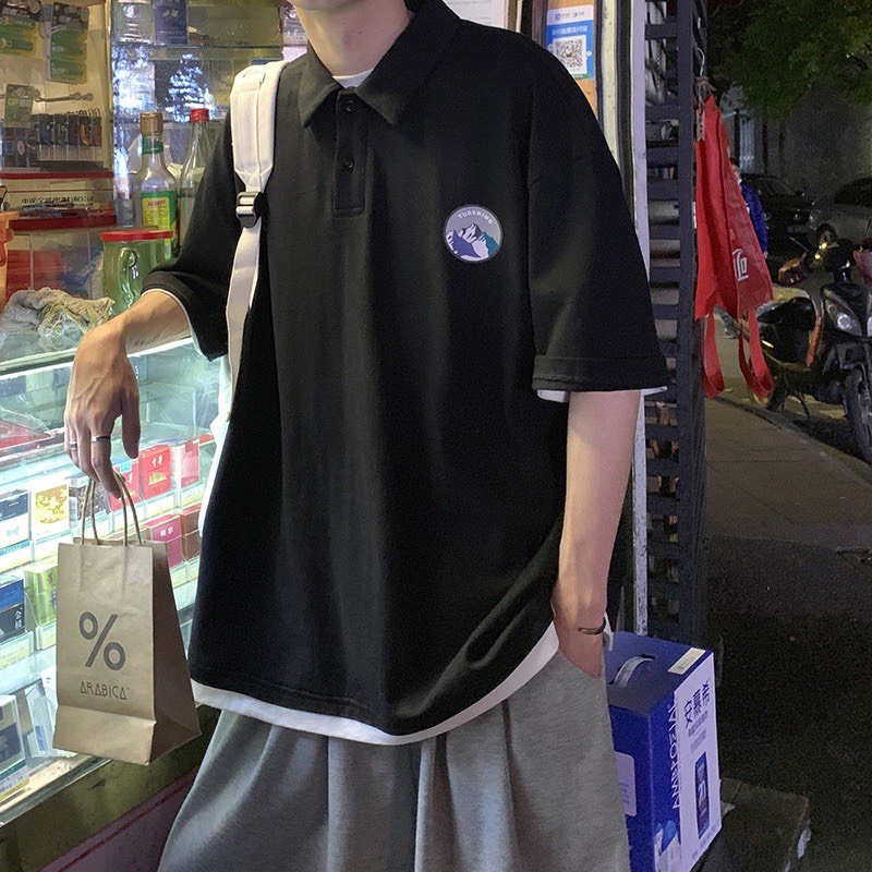 Áo polo tay lỡ,áo thun tay lỡ hình in núi trước ngực phong cách unisex nam nữ mặc cực chất.