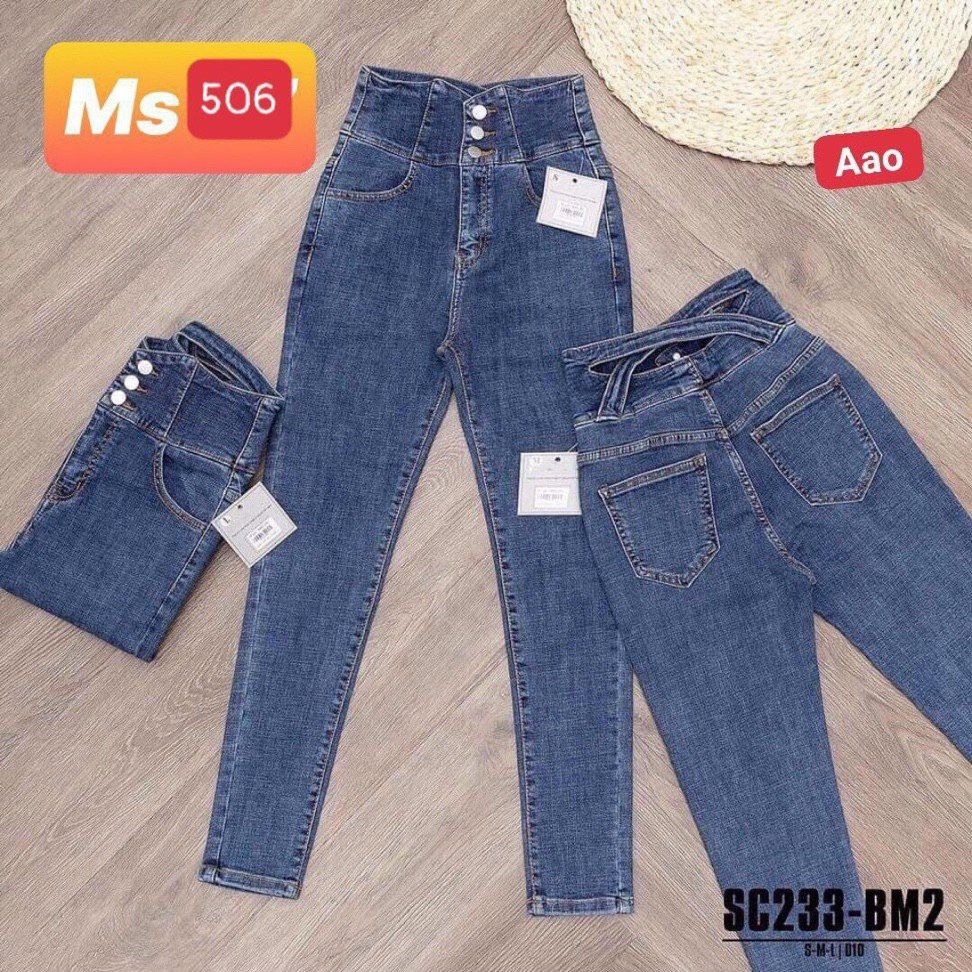 Quần jean nữ xanh trơn lưng cao 3 cúc cao cấp -chất denim co dãn tốt - quần chuẫn shop BB JEANS