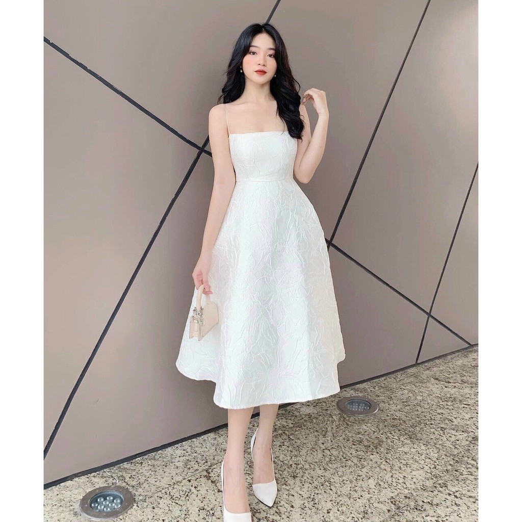 _Đầm Midi 2s Gấm Tafta Hoa Hồng Sang chảnh Trắng/Đỏ PHS1374