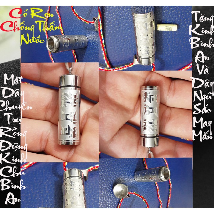(Tặng kinh bình an) Mặt Dây chuyền inox hình trụ rỗng đựng kính chú có ron chống thấm nước + dây ngũ sắc may mắn