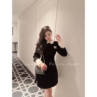 Váy nhung cổ sen đen trơn