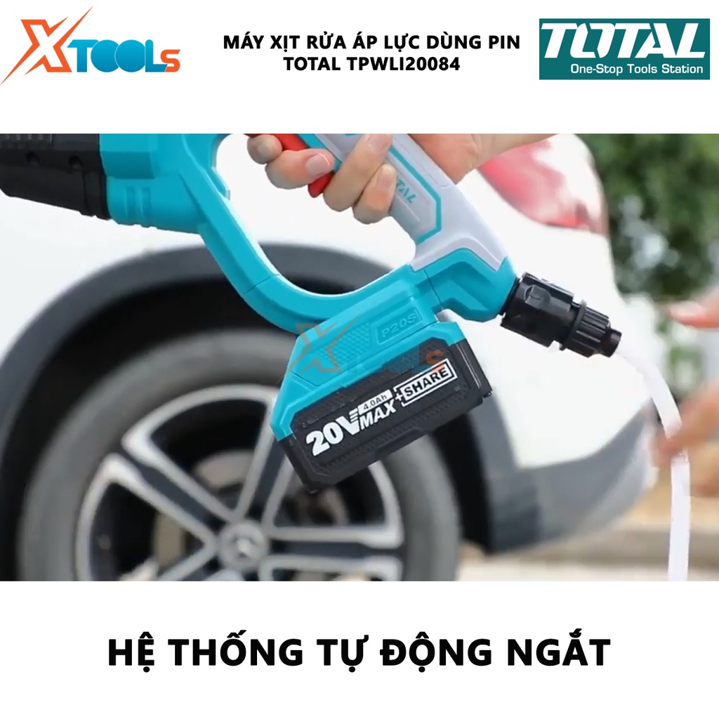 Máy xịt rửa xe cầm tay TOTAL TPWLI20084 Máy xịt rửa áp lực dùng pin Điện thế 20V Áp suất t 24.8 Bar Lưu lượng nước 2.2L/