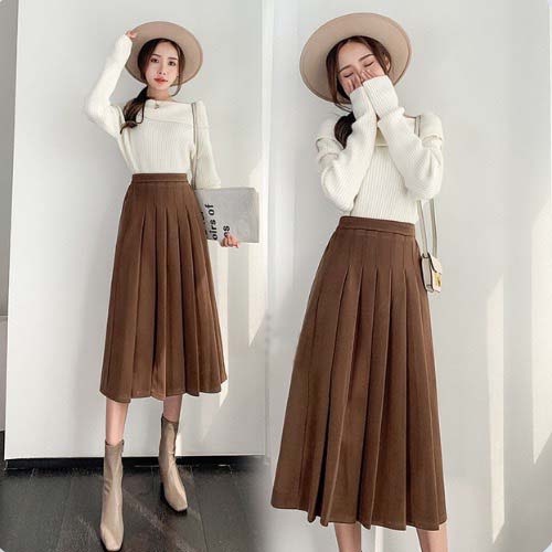 Chân váy xếp ly TENNIS dáng dài xòe Midi công sở qua gối có BIGSIZE màu nâu tây chất tuyết mưa CAO CẤP CV17