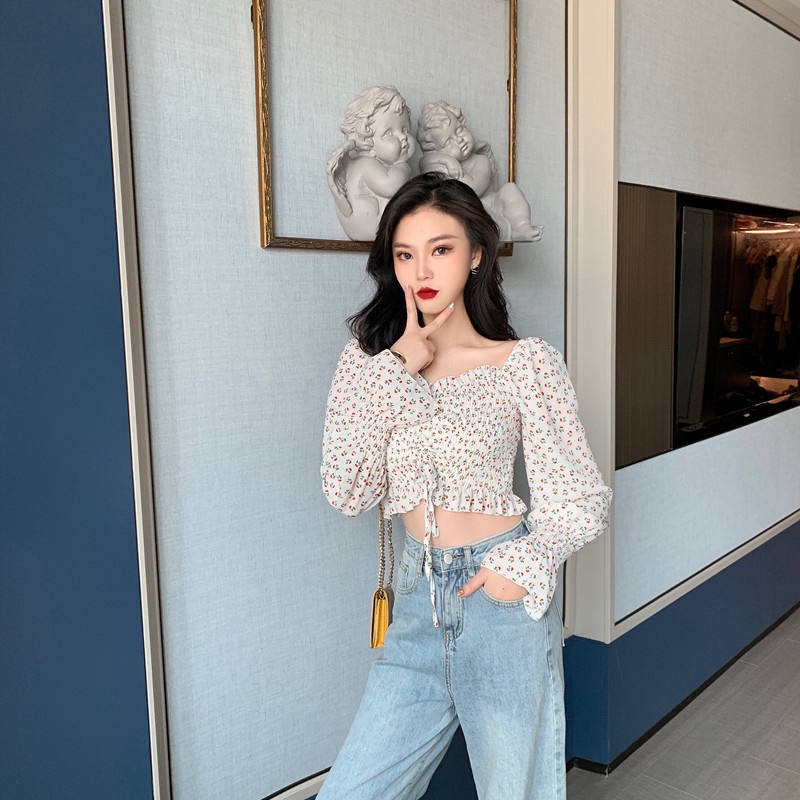 IELGY Áo Sơ Mi chiffon Cổ Vuông Viền Gỗ Dài Tay Phong Cách vintage Cho Nữ