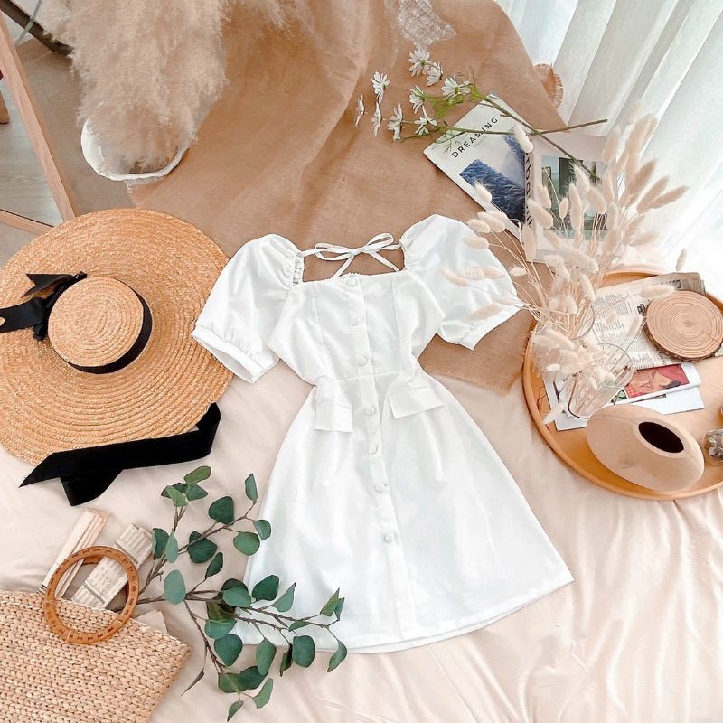 đầm basic 2 màu nút giả nơ cổ