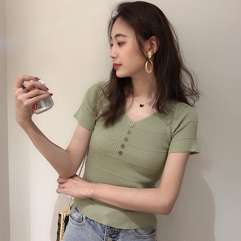 [Baywellfashion]Freeship từ 50K - Áo dệt kim tay ngắn phối nút thiết kế cổ chữ V quyến rũ