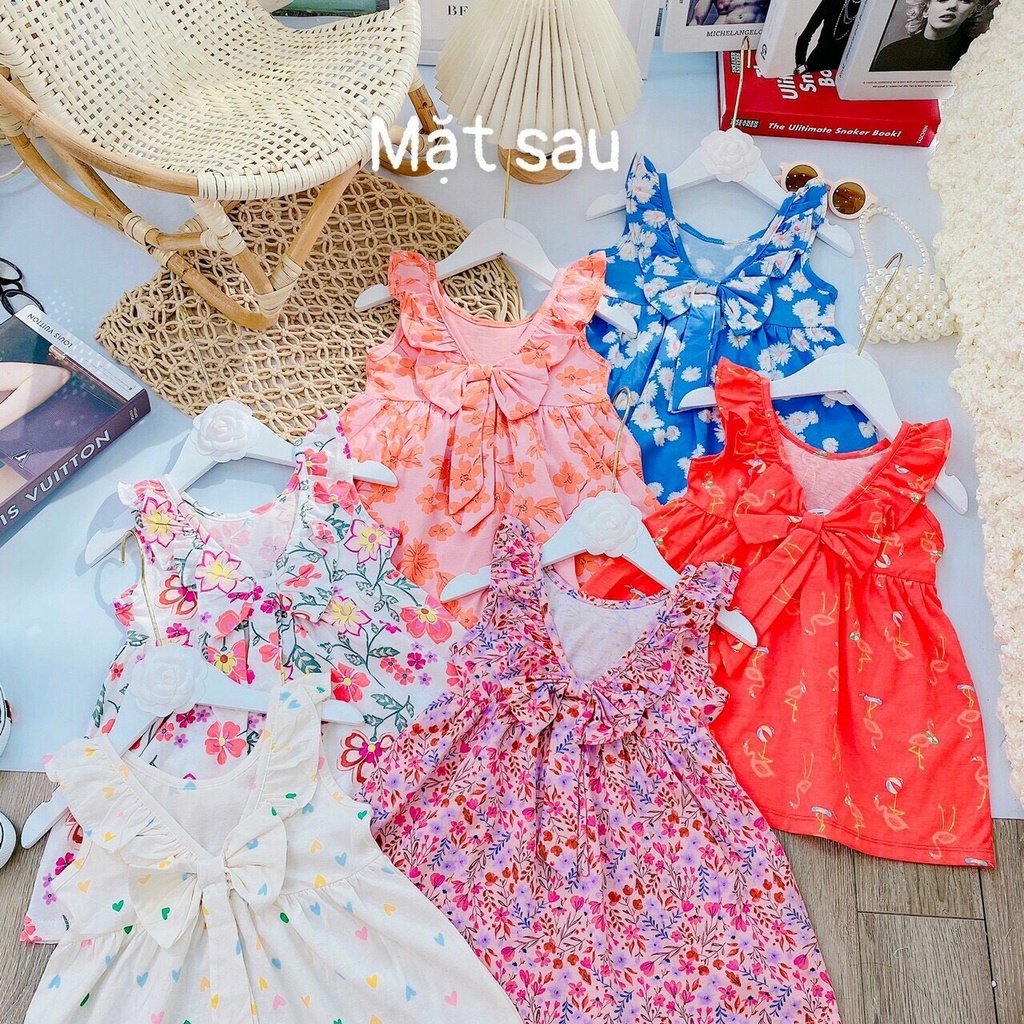 (Bảng màu 1)Váy cotton bèo cổ nơ lưng cho bé gái.