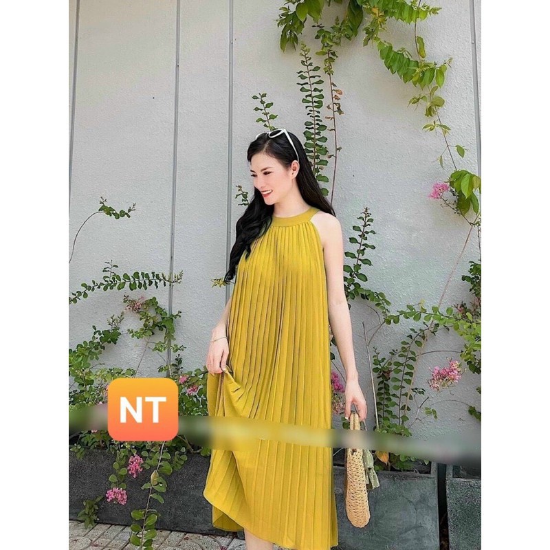 Đầm maxi dập ly cổ yếm siêu đẹp hình thật đủ màu và video
