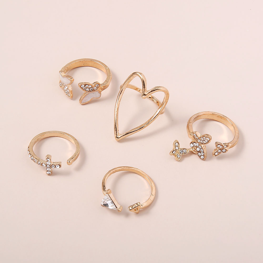 5 Pcs/set Sweet Butterfly Rings/Trend Fashion Cross Triangle Rings/Heart-Shaped Hollow Adjustable Open Ring Female Jewelry