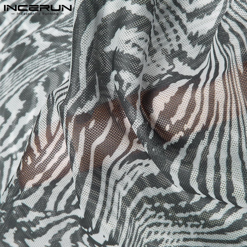 Áo Thun INCERUN Dáng Ôm Vừa Vặn Dài Tay Vải Lưới Mỏng In Họa Tiết Xuyên Thấu Thời Trang Cho Nam
