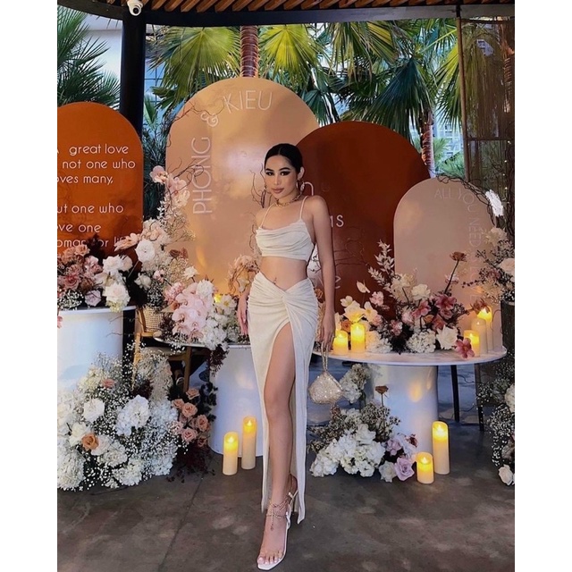 Set áo croptop nhũ 2 dây + Chân váy xẻ tà thiết kế