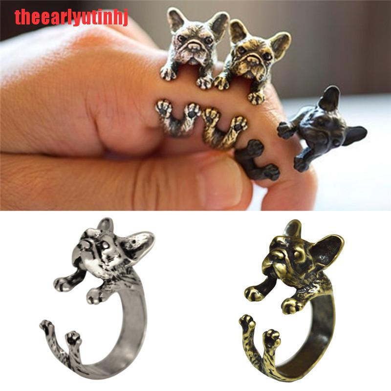 INHJ Vintage French Bulldog Animal Wrap Rings Gift for Women and Men Fashion Jewelry