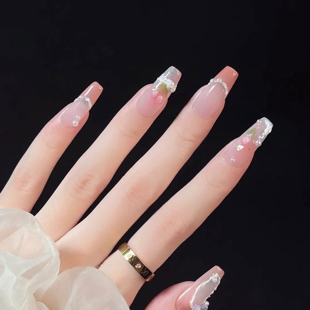 Miếng Dán Trang Trí Móng Tay Hình Hoa Tulip Đính Ngọc Trai Xinh Xắn