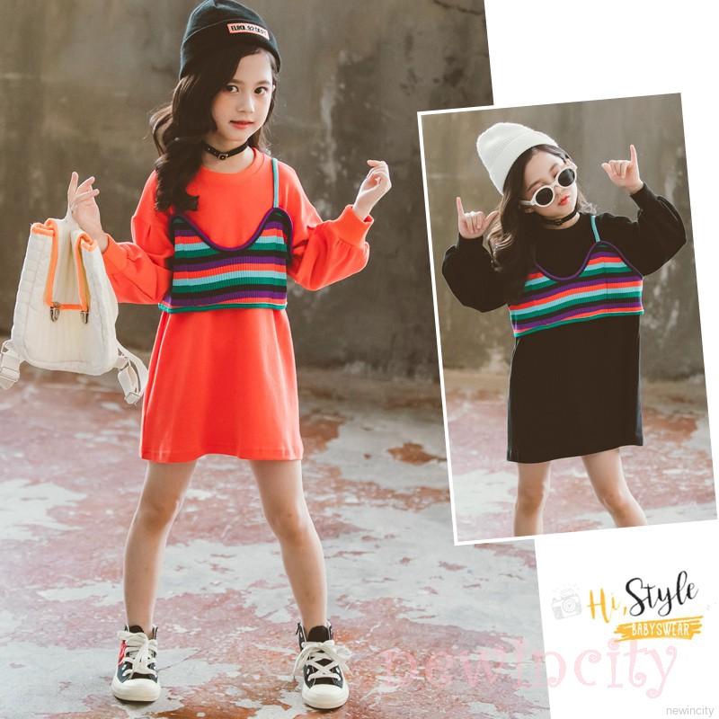 Đầm thun dài tay sọc ngang màu cầu vồng cho bé