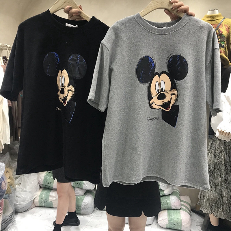 Áo Thun Ngắn Tay Dáng Rộng In Hình Chuột Mickey Xinh Xắn Cho Nữ