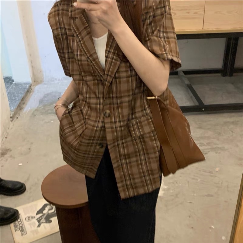Áo blazer tay ngắn kẻ caro (ảnh thật đầu) | BigBuy360 - bigbuy360.vn