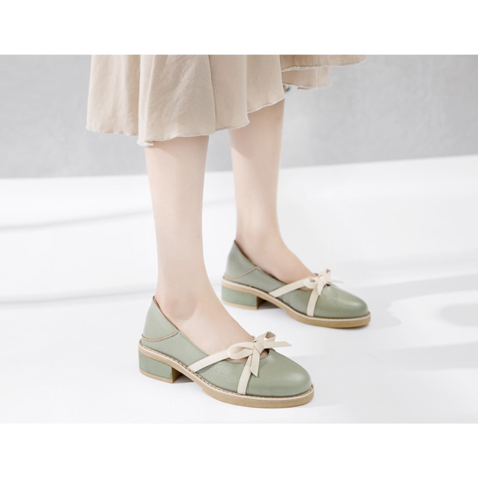 Giày Slip On Nữ Giày Búp Bê Đính Nơ Đế Thấp 3P Phong Cách Retro