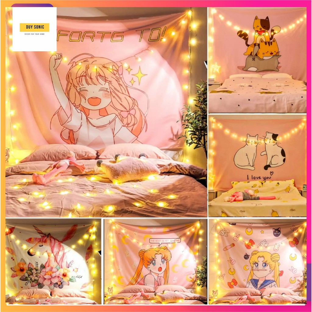 [Tặng Móc Treo] Tranh vải treo tường (tone hồng) Decor phòng ngủ 1m5x1m3, tấm thảm treo tường vintage