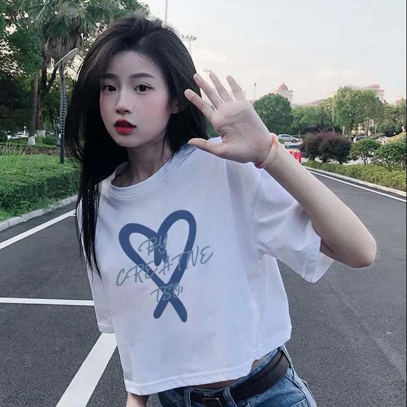 Áo thun nữ Áo thun lửng tay ngắn phong cách Mỹ thời trang 2021 dành cho nữ