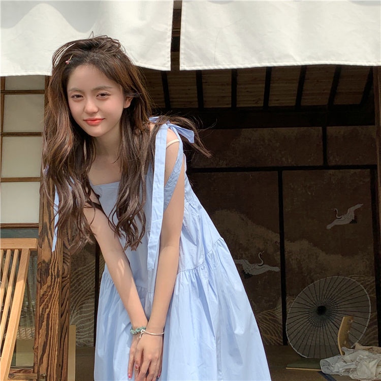 Đầm Hai Dây Dáng Rộng Đính Nơ Thời Trang Mùa Hè Cho Nữ