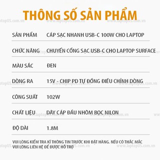 Cáp Chuyển Nguồn USB C sang Dell Thinkpad HP Surface 1.8 MÉT 100W