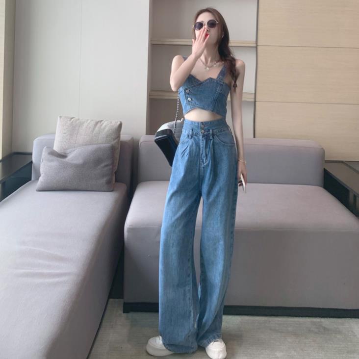 Bộ Áo Croptop Hai Dây + Quần Dài Denim Thời Trang Dành Cho Nữ