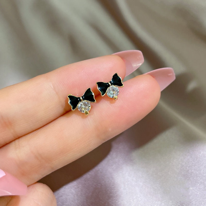 Set bông tai hình nơ xinh xắn đính đá pha lê cao cấp phong cách thời trang thanh lịch