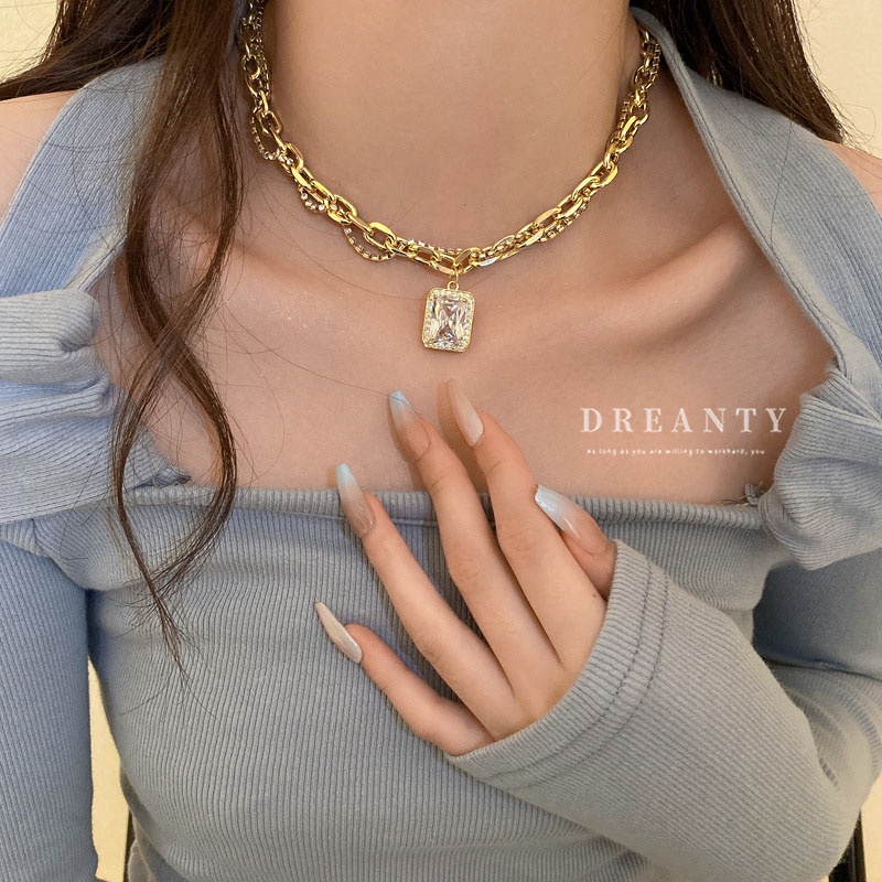 Dây Chuyền Hai Lớp Mặt Vuông Đính Đá Zircon Phong Cách Âu Mỹ Cá Tính Thời Trang