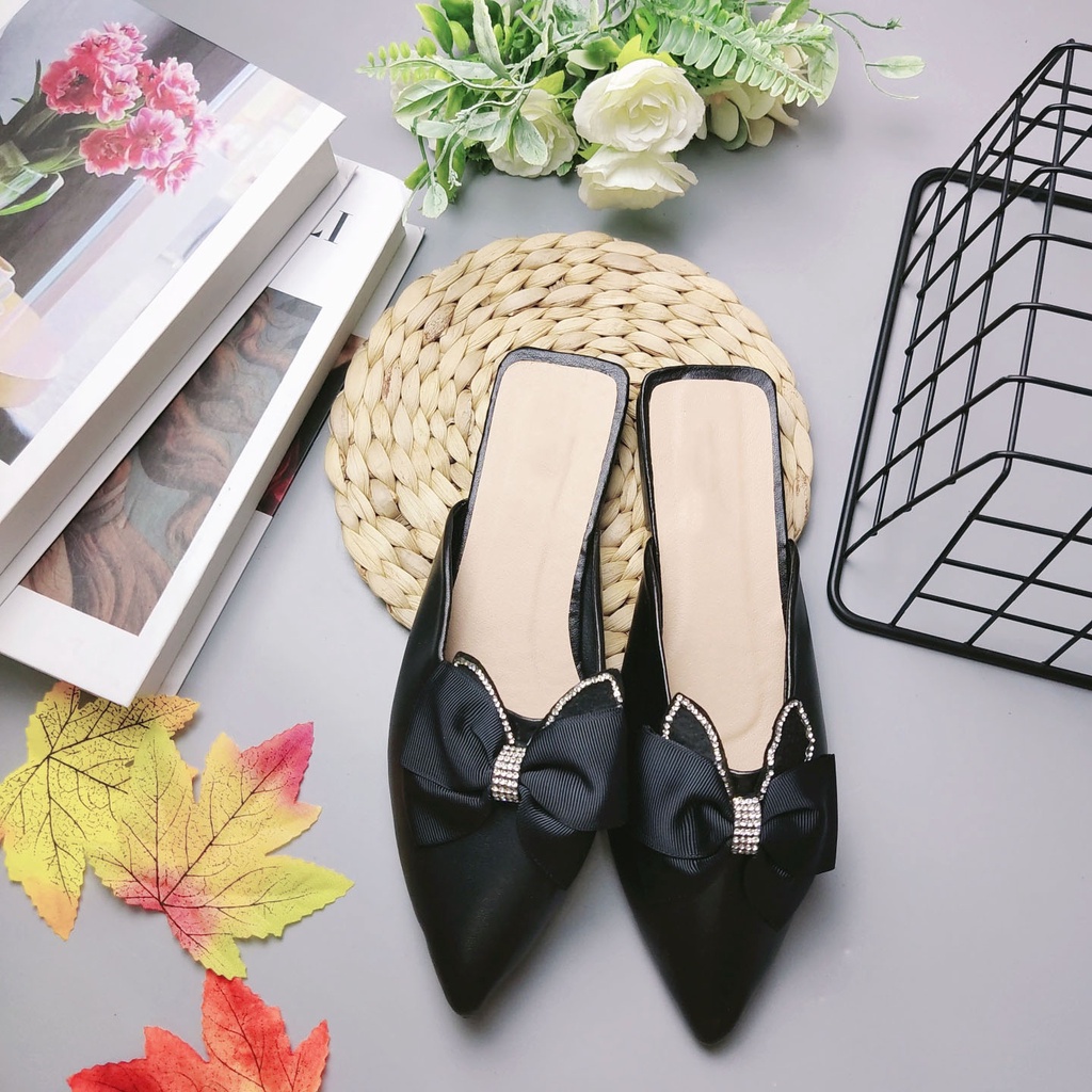 Giày búp bê nữ mũi nhọn phối nơ chất da mềm cao cấp