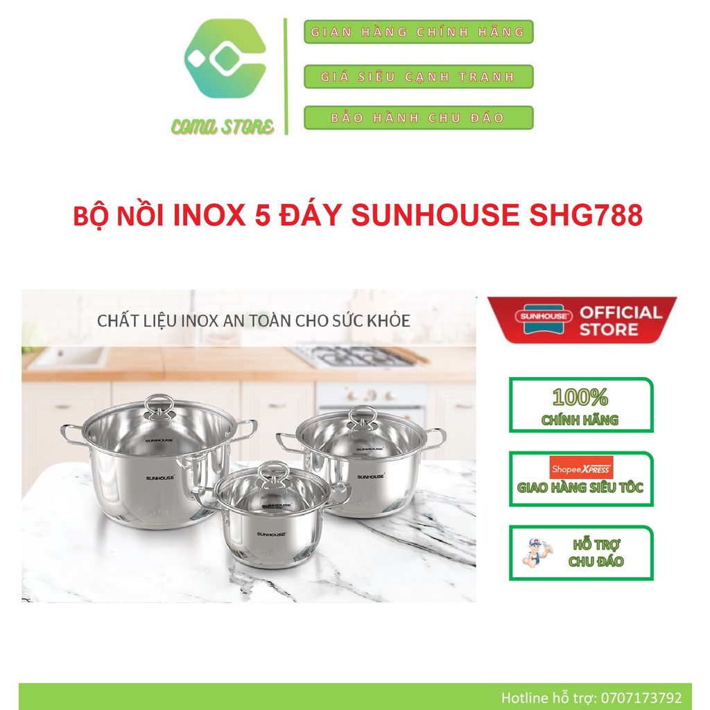 SHG788 - BỘ 3 NỒI INOX 5 ĐÁY SUNHOUSE (DÙNG ĐƯỢC MỌI LOẠI BẾP) – HÀNG CHÍNH HÃNG