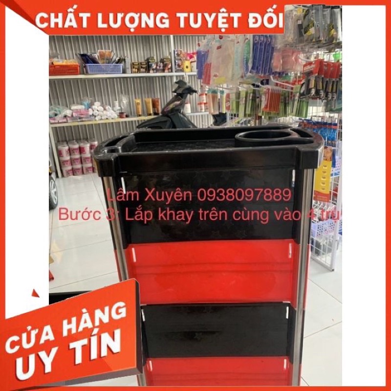 Xe đẩy làm tóc 5 tầng✨FREESHIP✨ xe đẩy salon màu đỏ đen, 5 hộc để đồ, nhựa cao cấp dễ lau chùi có bánh xe đi chuyển được