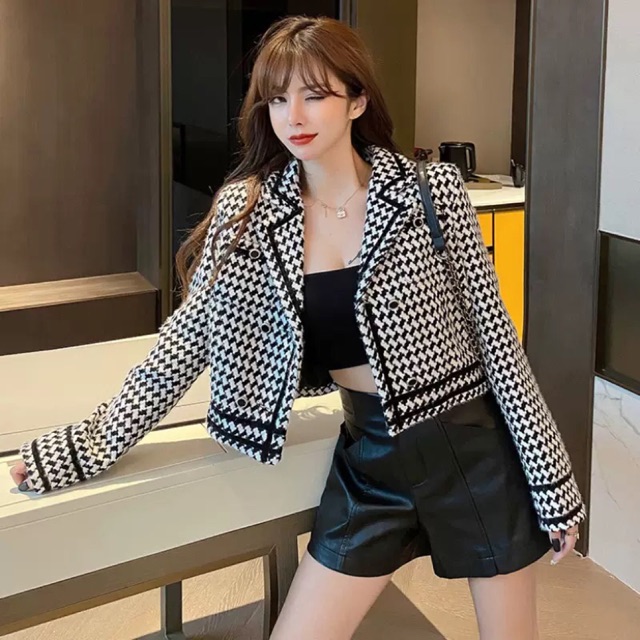 Áo vest lửng ô vuông viền nhung
