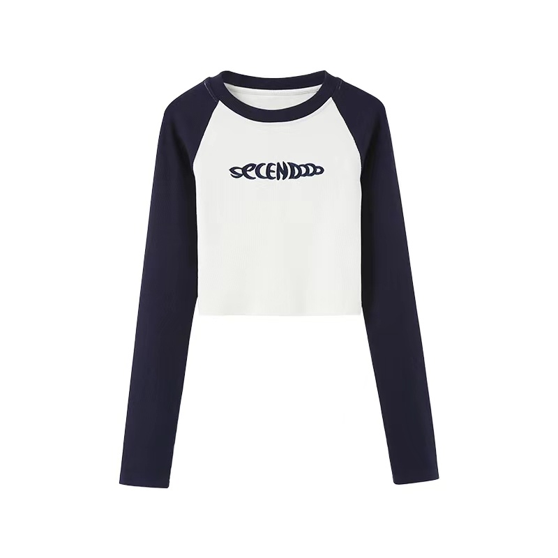 SUXI Áo Thun Tay Dài Cổ Tròn In Chữ Màu Khối Ôm Dáng Phong Cách Vintage Dễ Phối Đồ