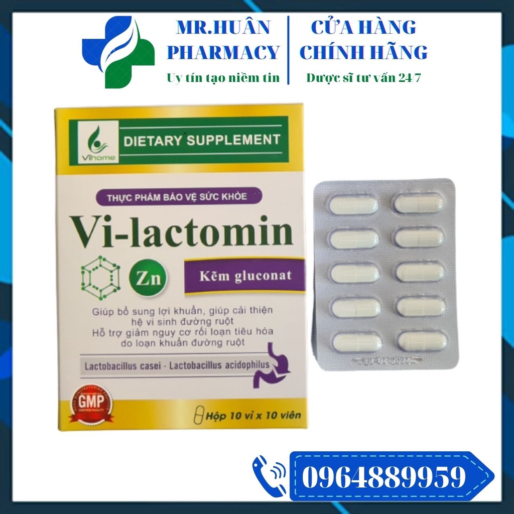 Vi-Lactomin (Hộp 100 viên) - Giúp bổ sung lợi khuẩn, cải thiện hệ vi sinh đường ruột. Hỗ trợ giảm rối loạn tiêu hóa